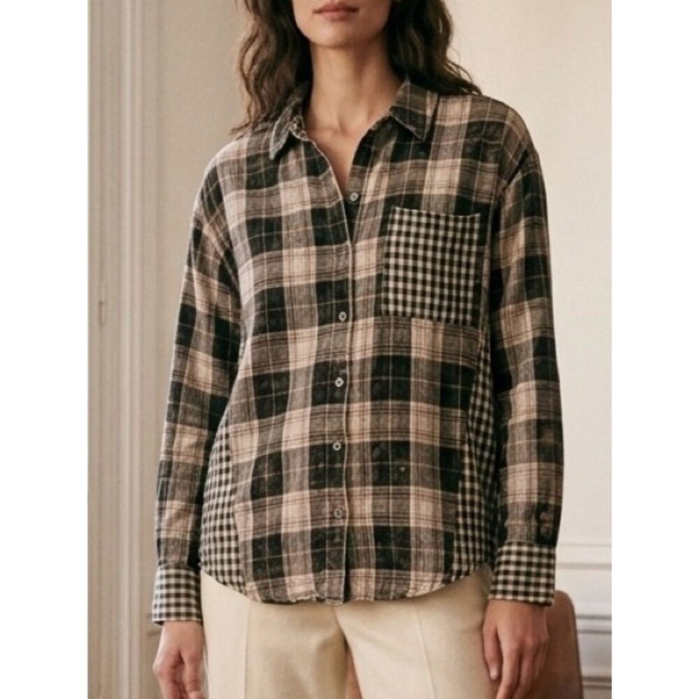 💎 Mystree Plaid Button-Up Shirt with Contrast Pocket Black & Cream Size S